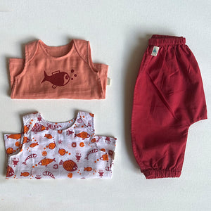 Organic Cotton Koi Jhabla Pajamaj Bag - Koi Red Jhabla + Peach Jhabla With Red Pants