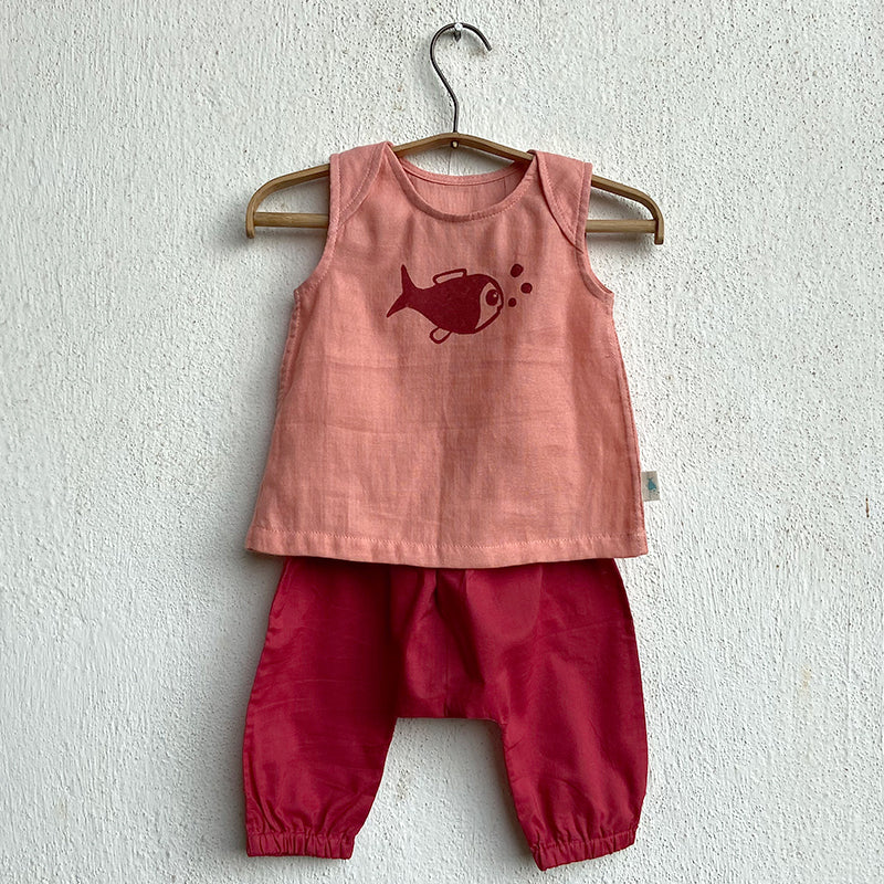 Organic Cotton Koi Jhabla Pajamaj Bag - Koi Red Jhabla + Peach Jhabla With Red Pants