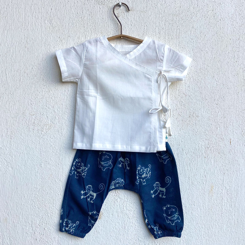 UNISEX ORGANIC WHITE ANGRAKHA TOP+ZOO PRINT INDIGO PANTS