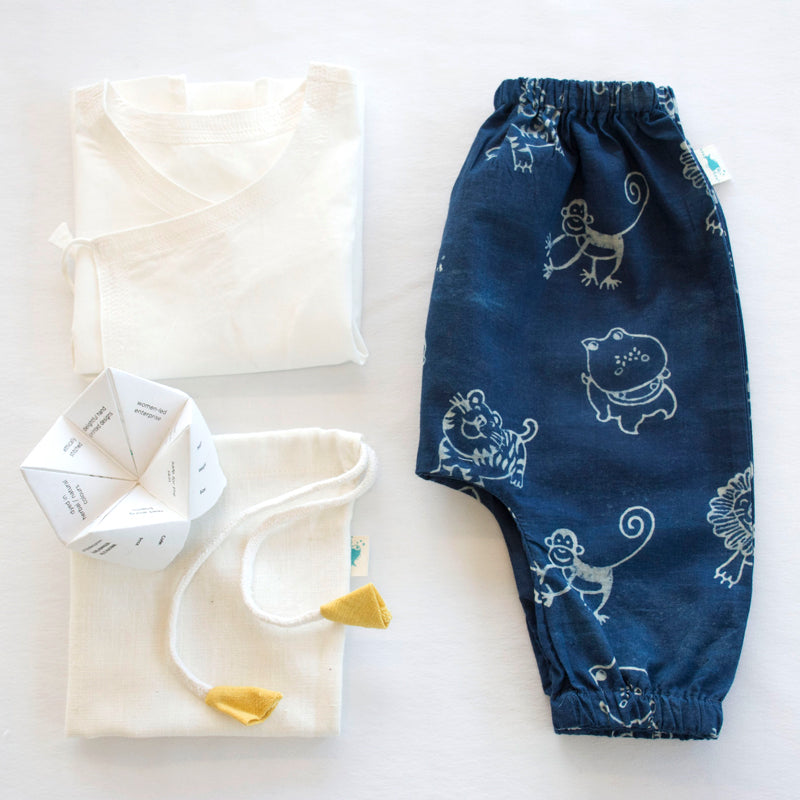 UNISEX ORGANIC WHITE ANGRAKHA TOP+ZOO PRINT INDIGO PANTS