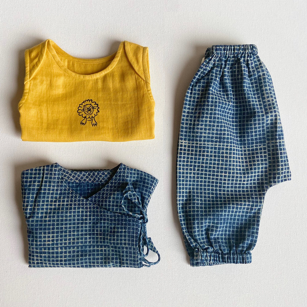 UNISEX ORGANIC ZOO BAG - YELLOW JHABLA + INDIGO CHECK ANGARAKHA + PANTS