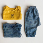 Load image into Gallery viewer, UNISEX ORGANIC ZOO BAG - YELLOW JHABLA + INDIGO CHECK ANGARAKHA + PANTS
