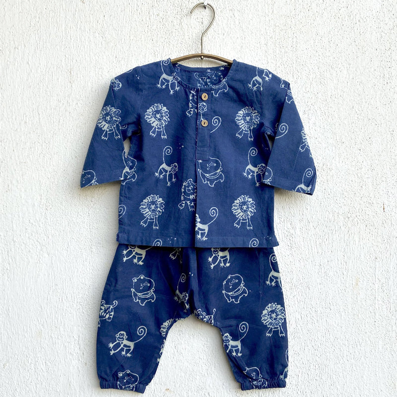 WHITEWATER KIDS UNISEX ORGANIC ZOO PRINT INDIGO ANGARAKHA TOP + PANTS