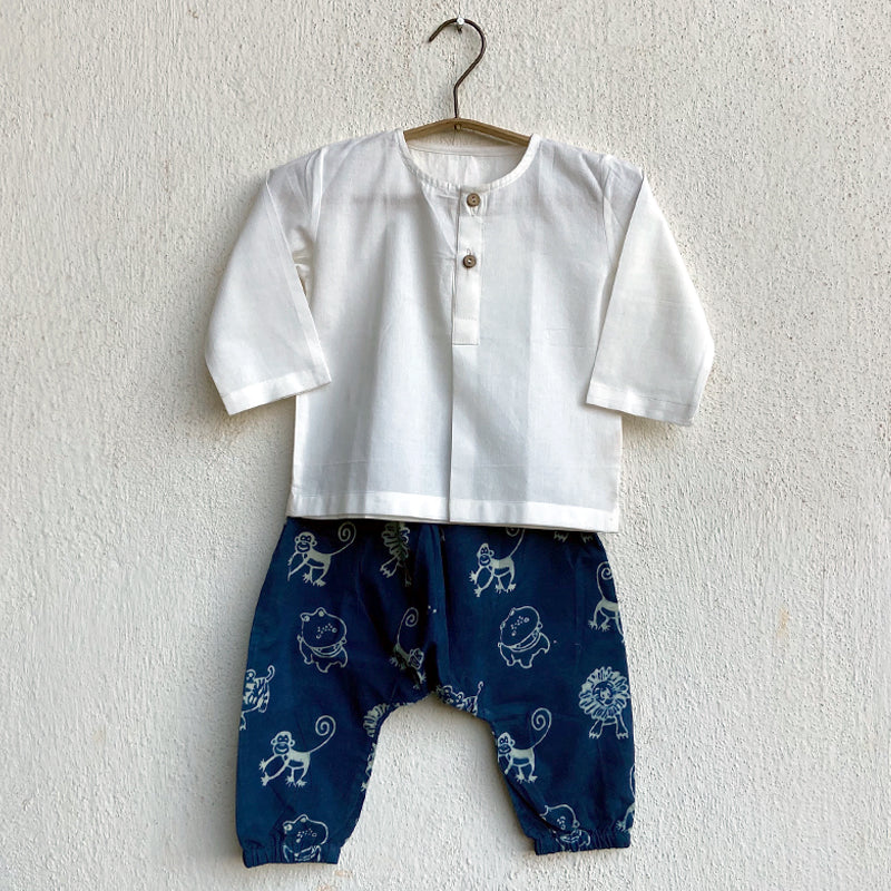 UNISEX ORGANIC WHITE ANGRAKHA TOP+ZOO PRINT INDIGO PANTS