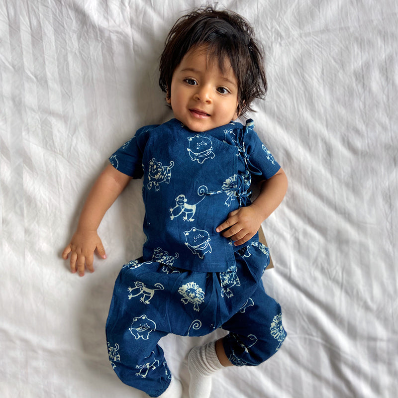 WHITEWATER KIDS UNISEX ORGANIC ZOO PRINT INDIGO ANGARAKHA TOP + PANTS