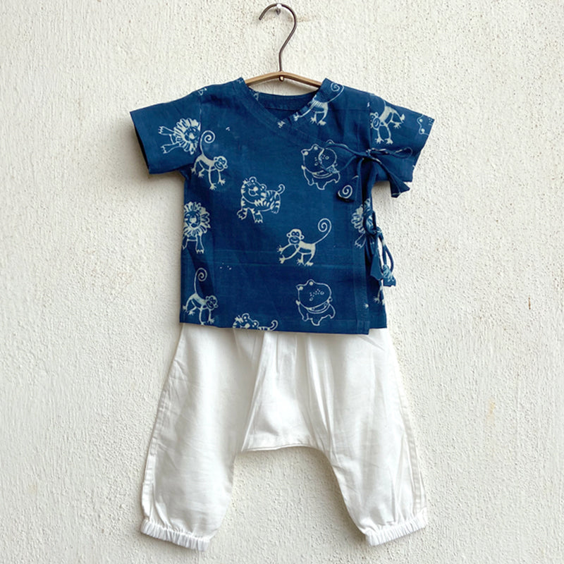 UNISEX ORGANIC ZOO PRINT INDIGO ANGARAKHA TOP + WHITE PANTS