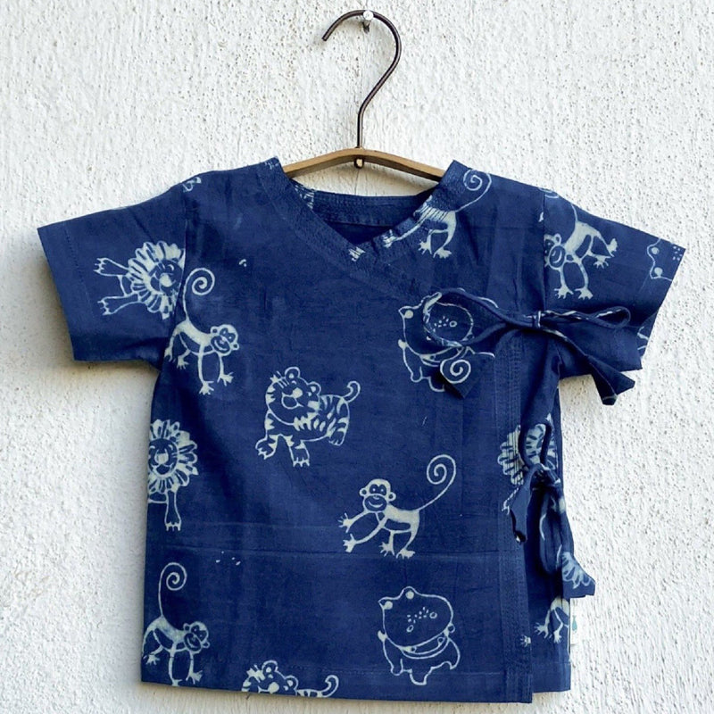 UNISEX ORGANIC ZOO PRINT INDIGO ANGARAKHA TOP + WHITE PANTS